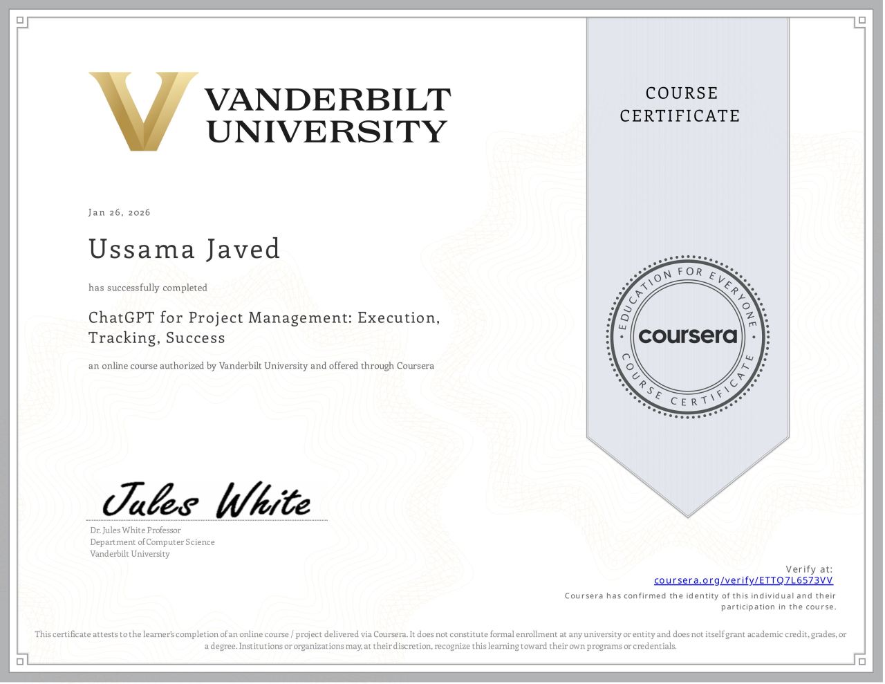 ChatGPT for Project Management: Execution and Tracking Success certificate
