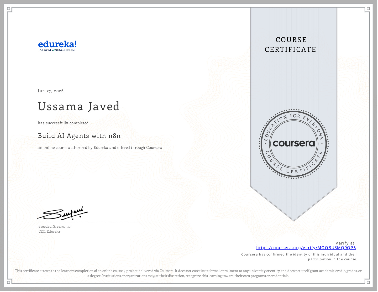 Build AI Agents with n8n certificate