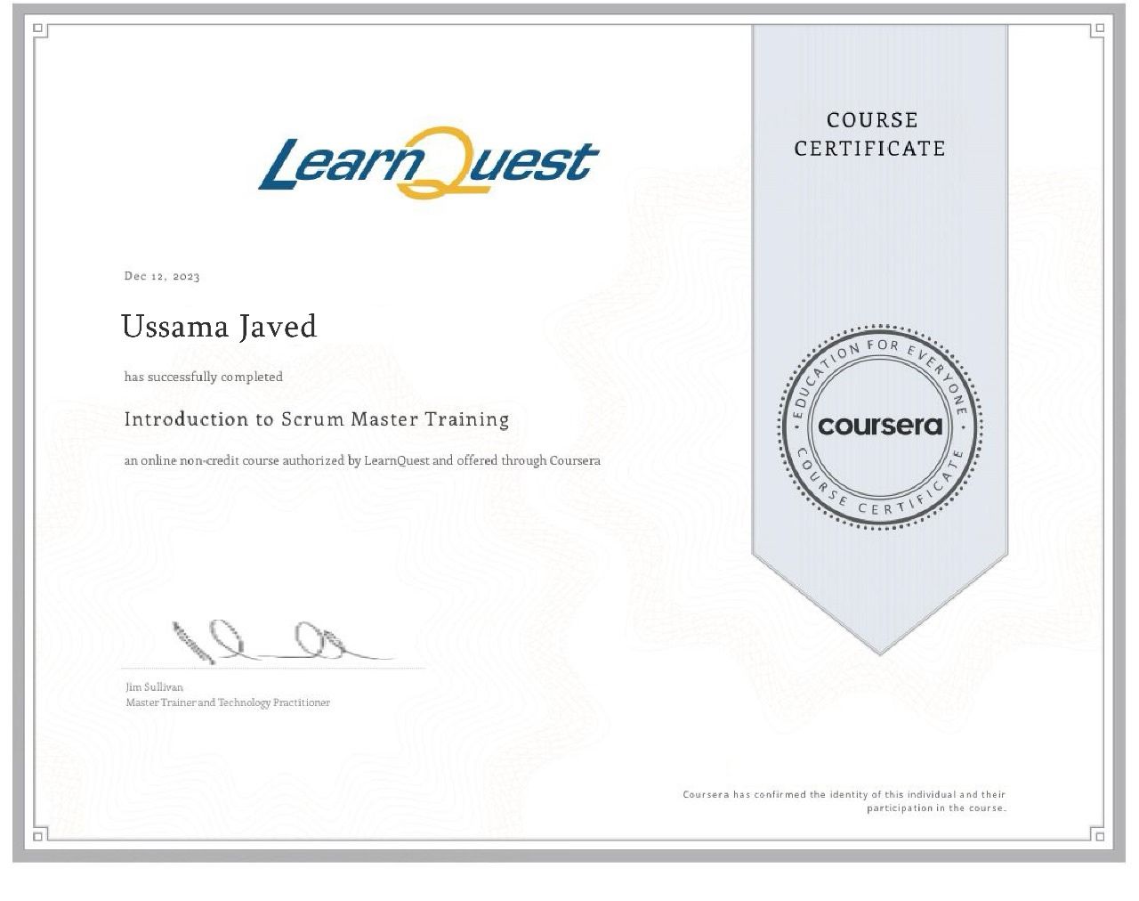 Introduction to Scrum Master Training certificate
